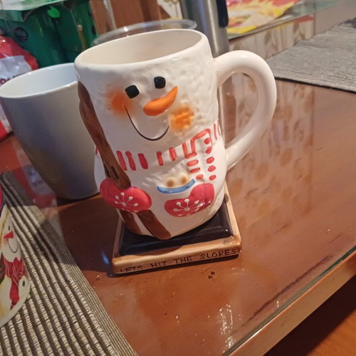 Vintage Christmas Mug 3D Snowman "Let's Hit The Slopes" Bay Island