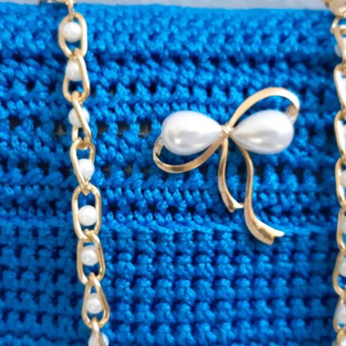 Handmade blue crossbody bag with chain and pearls new