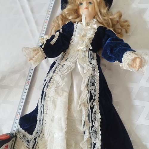 Porcelain doll Victorian style 45cm like new, blue velvet