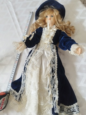 Porcelain doll Victorian style 45cm like new, blue velvet