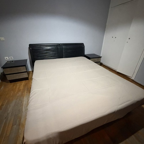 Bedroom furniture set used, includes bed, mattress, storage, nightstands, vanity, mirror