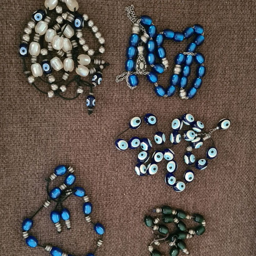 Worry beads with eye beads like new, pack of 5, blue, cypress, transparent