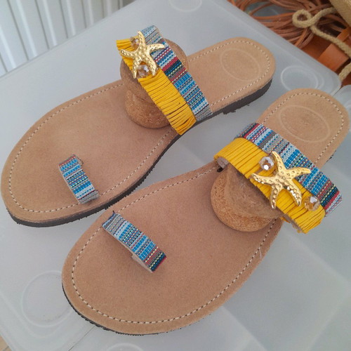 Leather suede sandal new, beige with hammered starfish