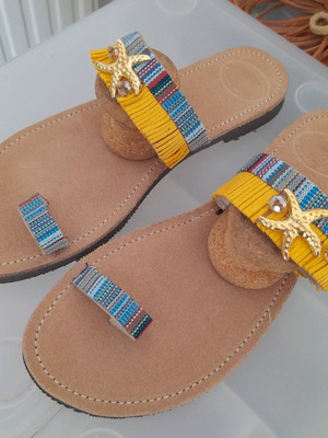 Leather suede sandal new, beige with hammered starfish