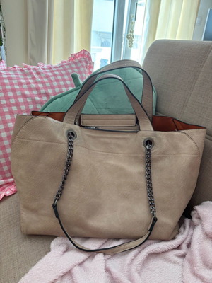 Large women's shoulder bag used, beige with black chains