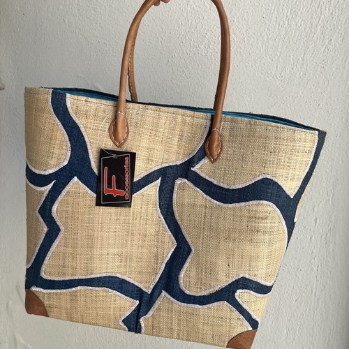 Straw bag new, 35x35 cm, beige and blue