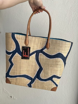 Straw bag new, 35x35 cm, beige and blue