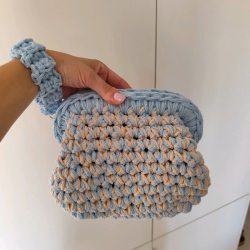 Handmade Crochet Clasp Bag Beige and Turquoise