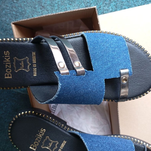 Bozikis women's summer flat sandals, size 38, denim and black