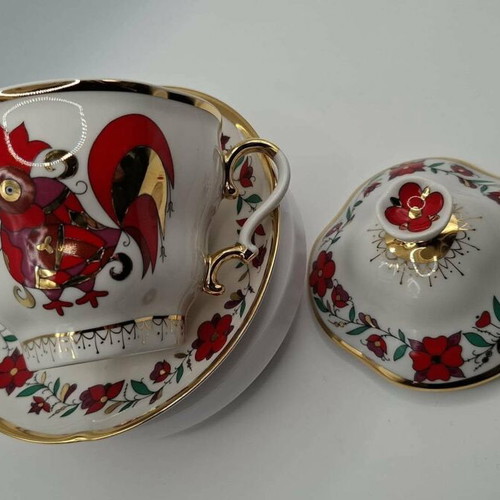 Russian porcelain cup with saucer and lid Suvenir, new