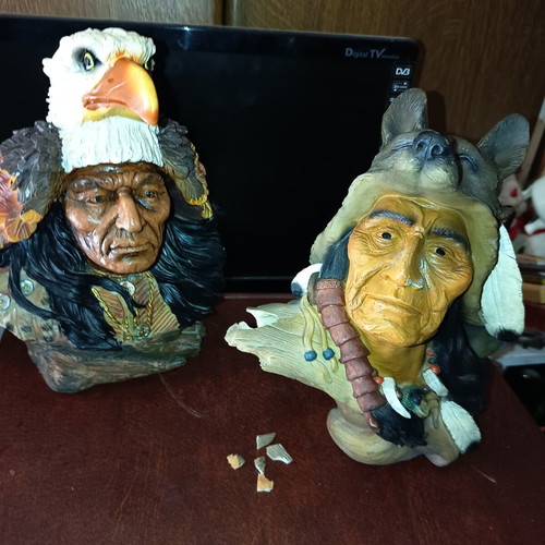 Indian Chief Busts set of 2 like new with detailed carvings