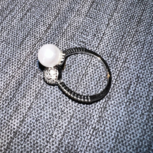 Elegant Faux Silver Ring with Faux Pearl, Adjustable, Like New