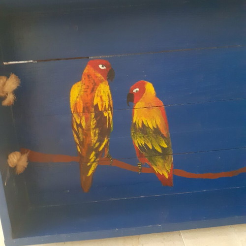 Wooden tray with hand-painted parrots like new, 50×30 cm