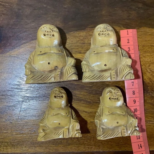 Set of 4 handmade wooden laughing Buddhas used