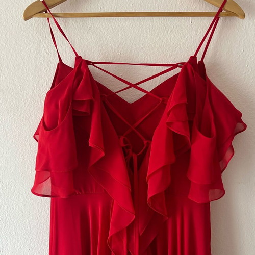 Red maxi dress with ruffles, slit and open back like new