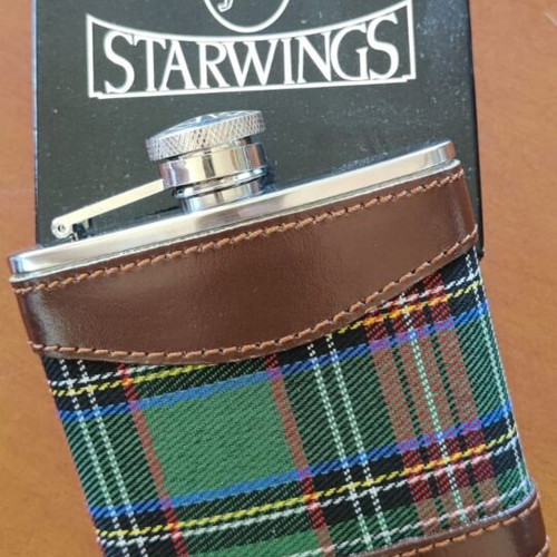 Starwings flask new, 150ml capacity with tartan fabric and leather
