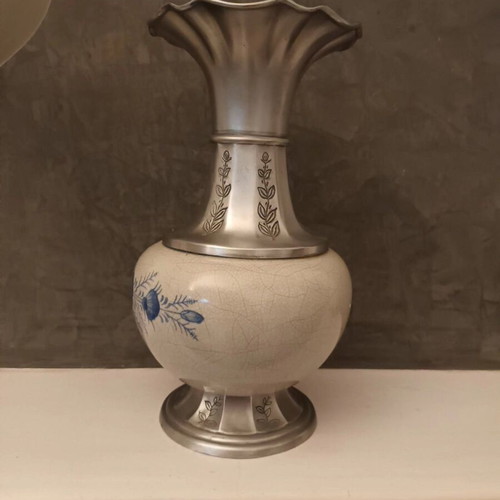 Vintage vase made of fine crackle porcelain and pewter like new