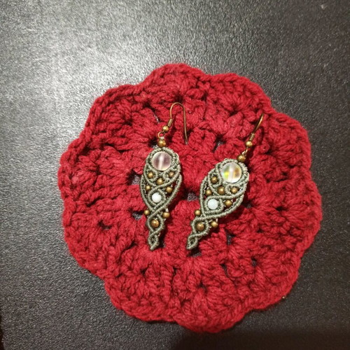 Macrame earrings new, khaki with opalite semi-precious stone
