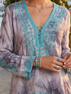 Kaftan blouse with handmade embroidery by Dar mode, size medium, like new
