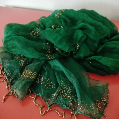 Indian green scarf like new, lightweight chiffon with gold details