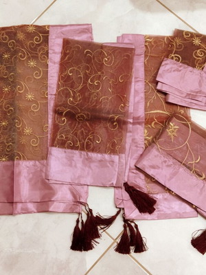 Table linen set new with embroidery, 7 pieces, polyester organza