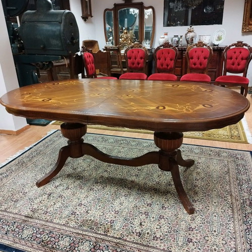 Marqueterie dining table set used with eight chairs