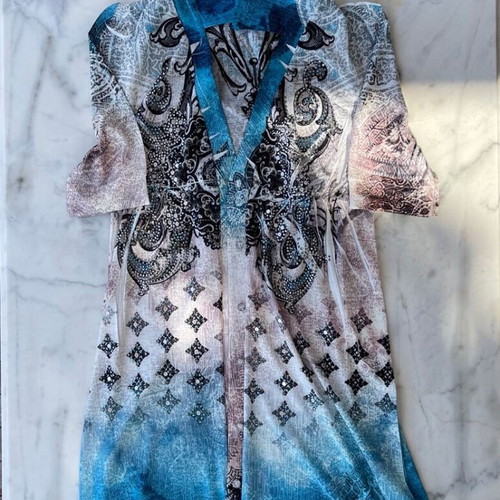 Colorful blouse-caftan with designs and rhinestones used, size S/M