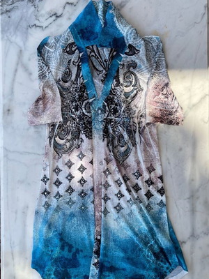Colorful blouse-caftan with designs and rhinestones used, size S/M