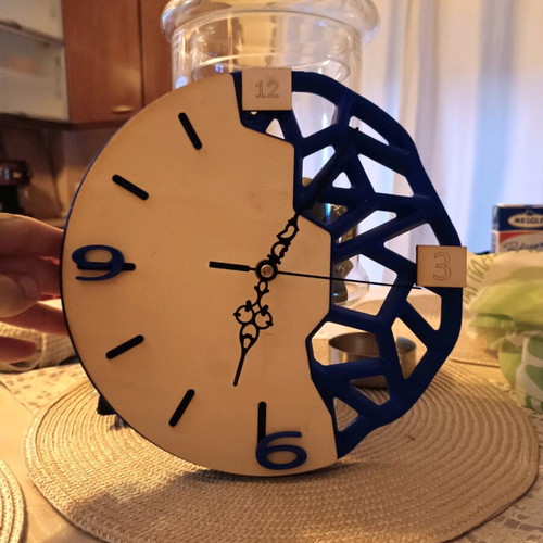 Industrial Minimal wall clock with wood and blue geometric design, new