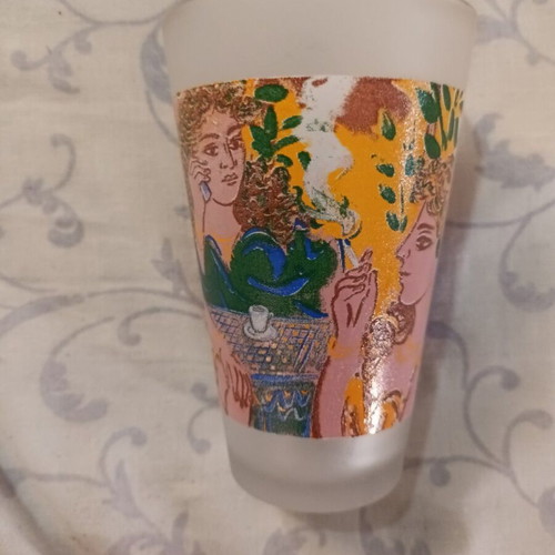 Loumidis Papagalos coffee promotional glass with G. Stathopoulos painting