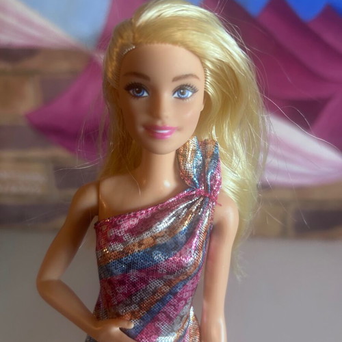 Barbie Fashionistas Party Glam doll with metallic multicolor dress and fuchsia heels, Mattel