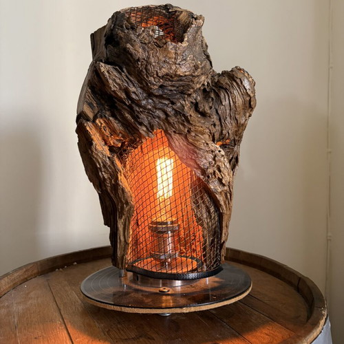 Handmade table lamp from natural wood with vinyl base & dimmer