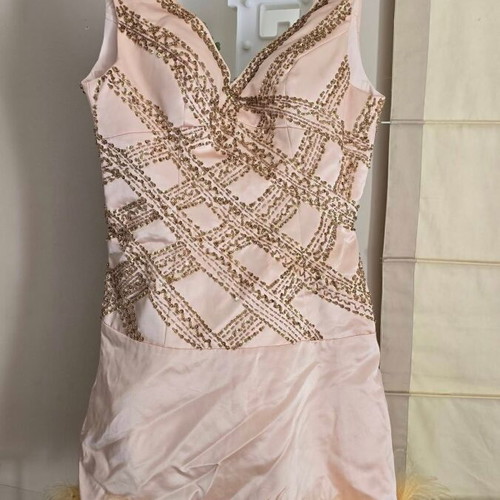 Satin dress salmon new with gold beads and marabou feather trim