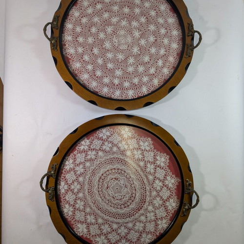 Traditional wooden trays with embroidery and glass used, set of 2, 35cm