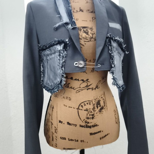 Handmade upcycled cropped blazer with denim details