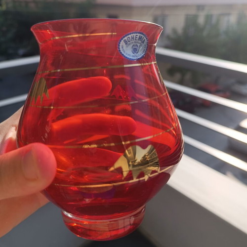 Bohemia Crystal Ruby Red Vase with 24K Gold, new