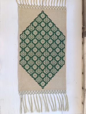 Handmade embroidered table runner with macrame fringe, like new