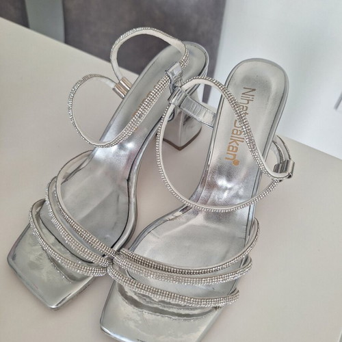 Silver high heel shoes size 39