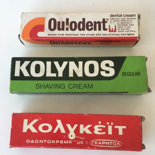 Old packaging of Kolynos, Colgate, Oulodent personal care items