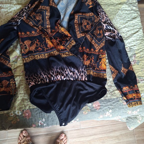 Jennyfer shirt bodysuit medium black with gold and leopard print like new