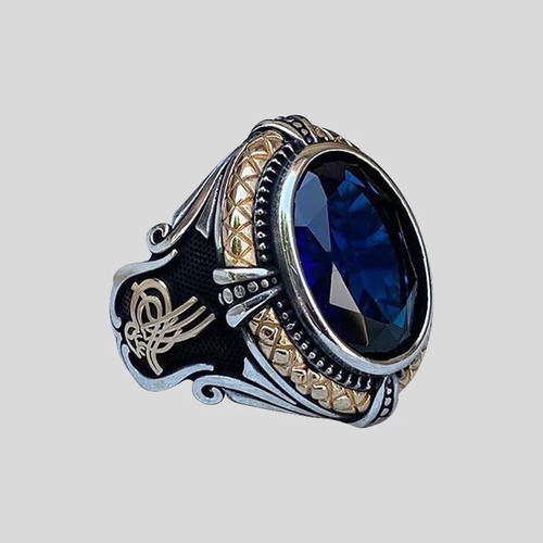 Men's Massive Ring with Blue Sapphire New, Silver Plated