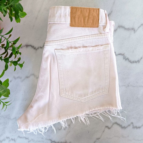 H&M high-waist denim shorts used, white with pale pink accents, size S