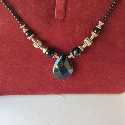 Silver vintage necklace with black stone, 925 hallmark
