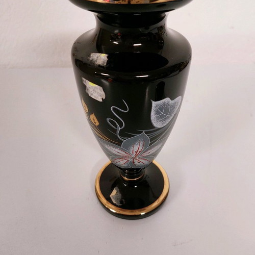 Vase 22 cm black opaline with white flowers used vintage