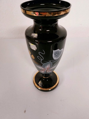 Vase 22 cm black opaline with white flowers used vintage