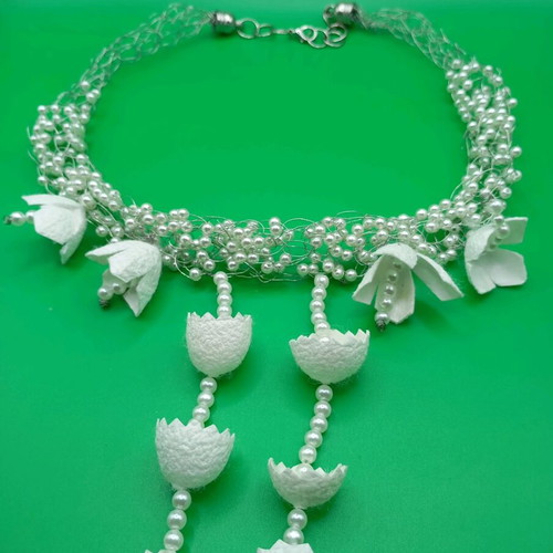 Handmade necklace with silk worm cocoons and white pearls made to order