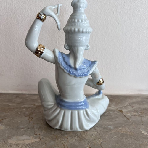 Vintage porcelain Thai Temple Dancer figurine, blue white gold