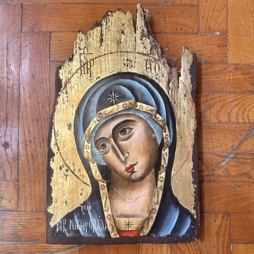Handmade Virgin Mary Icon by Byron Nikiforiadis, 23x38.5 cm