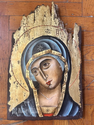 Handmade Virgin Mary Icon by Byron Nikiforiadis, 23x38.5 cm