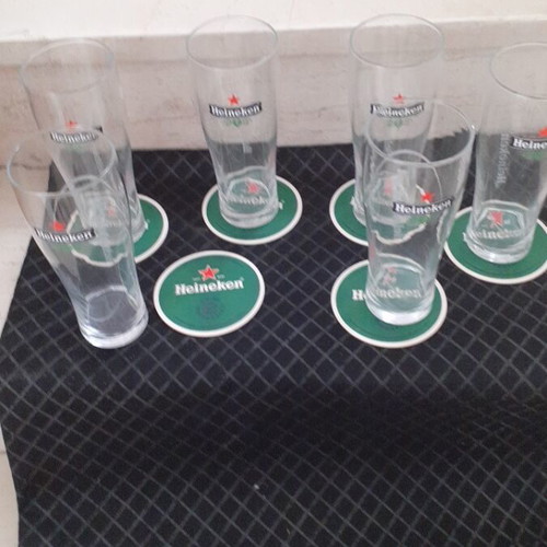 Heineken beer glass set with coasters, new, 6 pieces, 500 ml